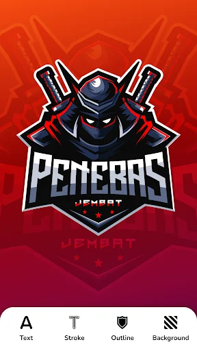 PENETORS esports robot mascot logo editor showing text, stroke, outline, and background styling options