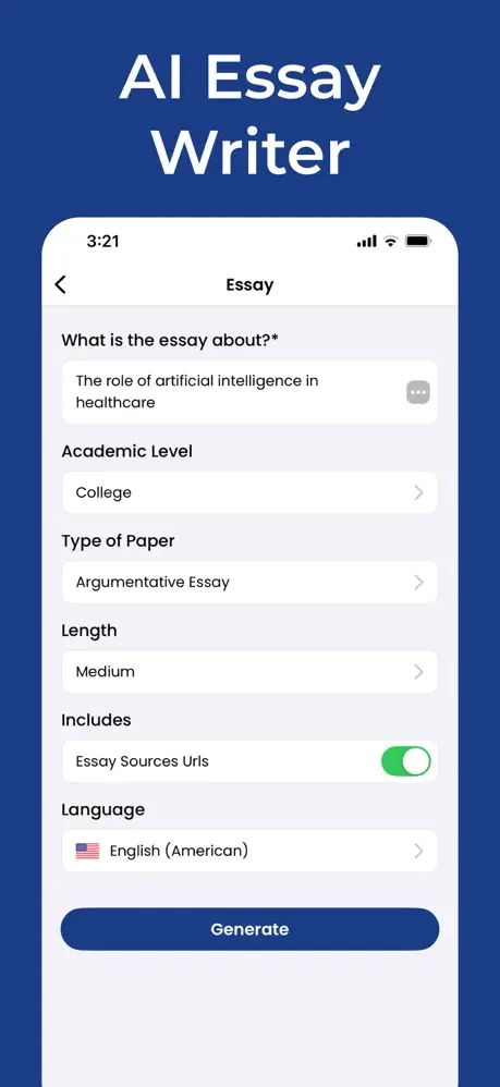 PenPilot AI Essay Writer form with customizable fields for essay topic, academic level, paper type, length, and sources