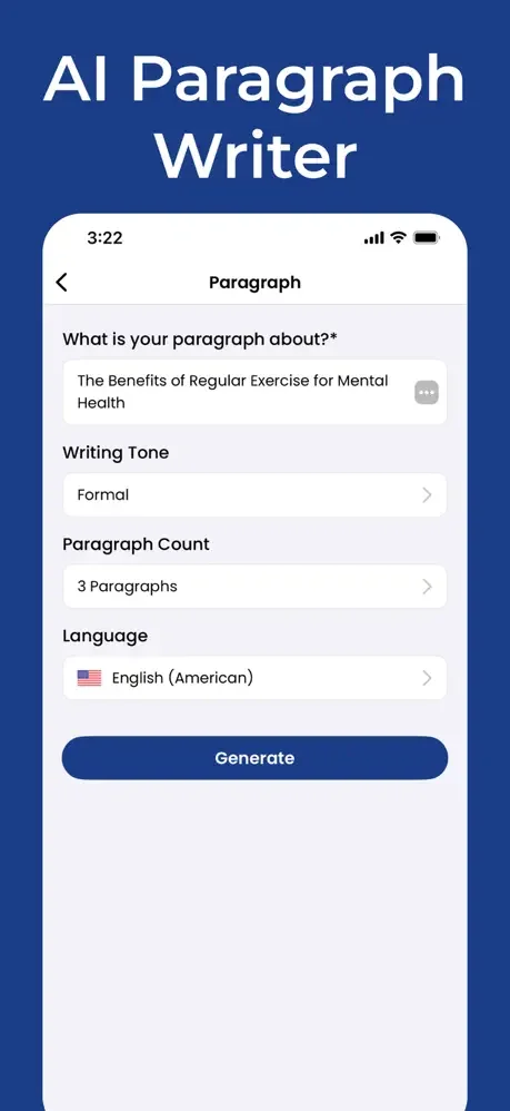 PenPilot AI Paragraph Writer form with customizable topic, writing tone, paragraph count, and language selection options