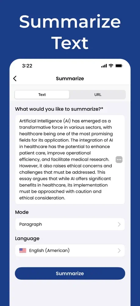 PenPilot text summarizer interface with text input area, summarization mode selection, and language options for AI summaries