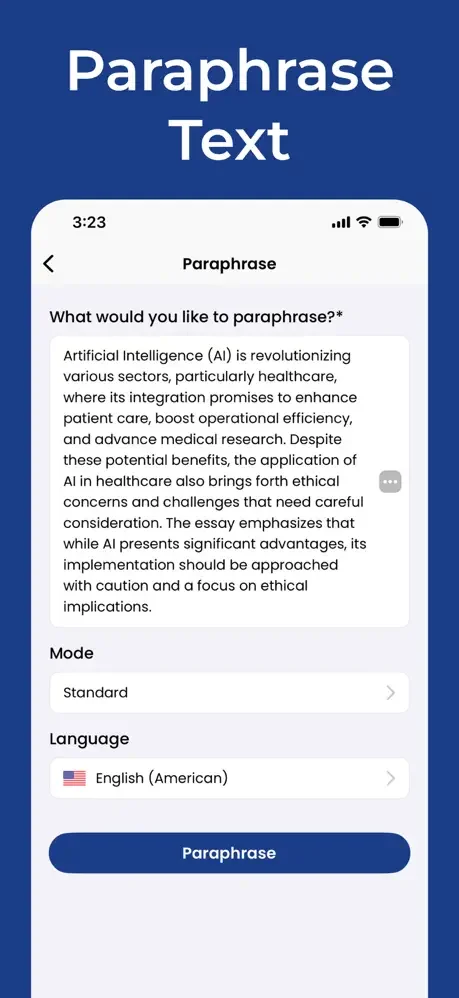 PenPilot AI paraphrase tool with text input field, paraphrase mode, and language settings for rewriting and rephrasing content