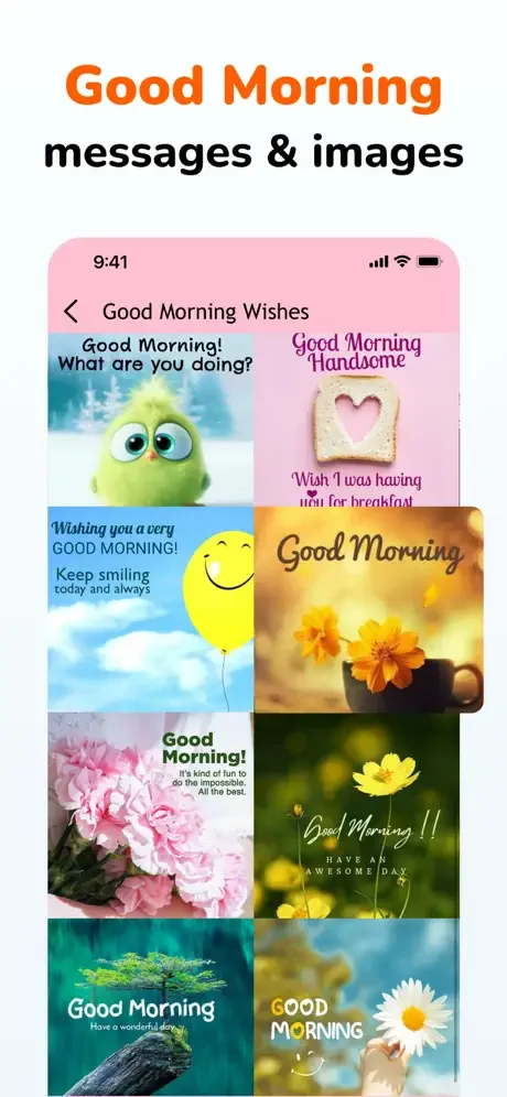 Good Morning Messages app home screen displaying collection of greeting cards with positive wishes and inspiring designs
