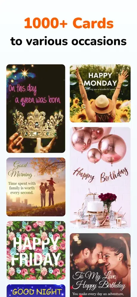App feature showing over 1000+ greeting cards for various occasions including birthdays, holidays, and daily celebrations