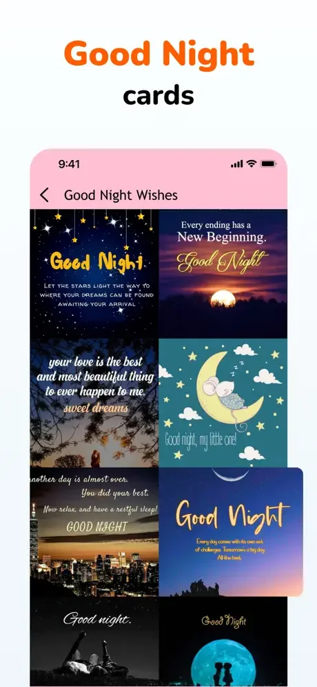 Good Night cards collection featuring moonlit scenes, stars, and calming nighttime greeting designs for restful sleep