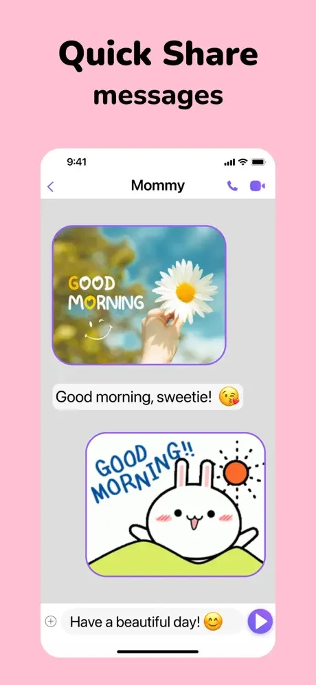 Quick share messaging interface showing how to send good morning and good night greeting images to contacts via chat
