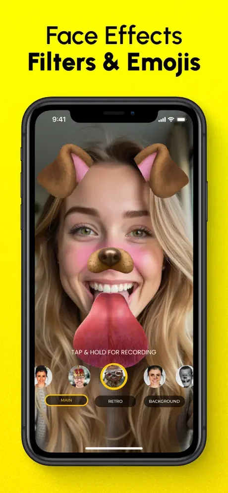 Dog and cat face filter with pink ears and brown snout on selfie with Main, Retro, Background filter options