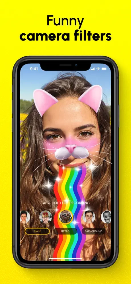Rainbow vomit filter effect with cat ears on selfie preview with Main, Retro, Background filter tabs