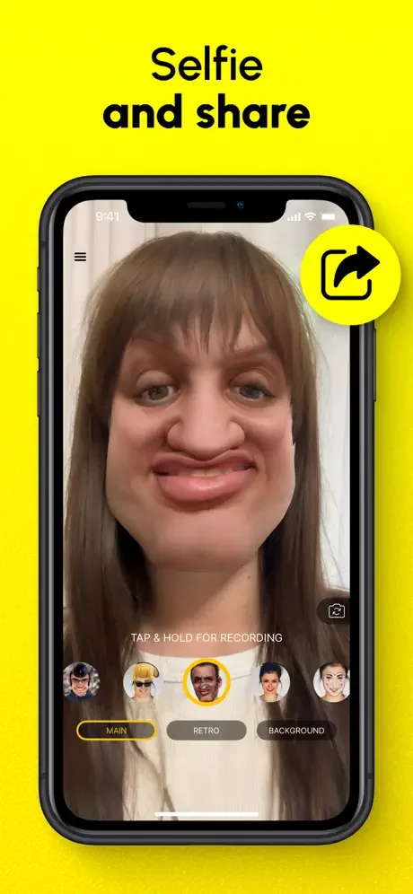 Selfie with lip distortion face effect and yellow share button for sharing edited photos to social media