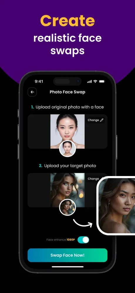 SwapFace photo face swap creation interface with two-step upload process, face enhancement 1080P toggle, and Swap Face Now button