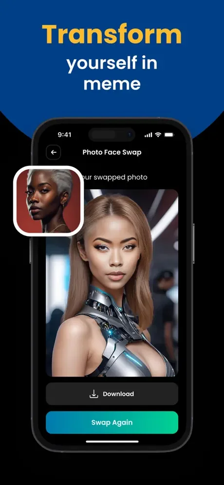 SwapFace meme transformation result displaying creative face-swapped portrait effect with Download and Swap Again options
