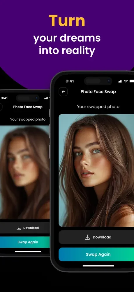SwapFace app showing multiple face swap photo results with Download and Swap Again buttons to create additional variations