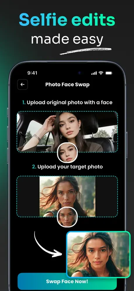 Photo Face Swap app for selfie editing showing upload steps and face-swapped selfie result with swap again option