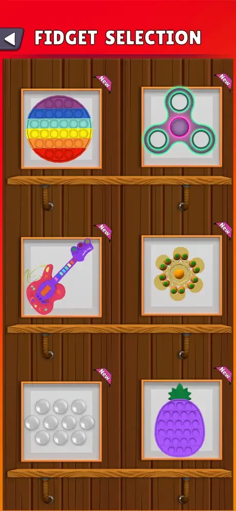 Fidget toy selection interface displaying colorful toys including pop-its, spinners, guitars, and stress relievers in wooden frames