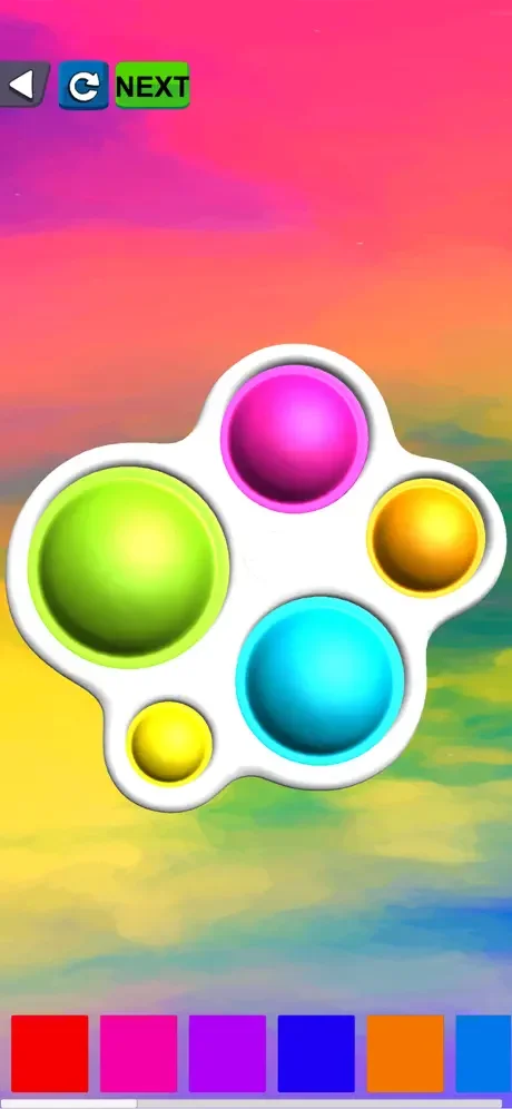 Interactive fidget spinner with customizable colored balls on gradient background, featuring color palette for toy personalization