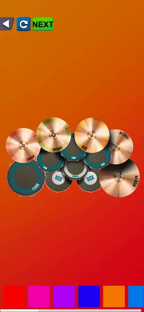 Drum kit fidget toy with interactive shiny drums and cymbals, color palette selector for customization and anti-stress gameplay