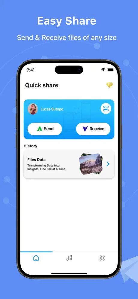 Quick Share home screen with user profile, Send and Receive buttons for file transfer between iOS devices