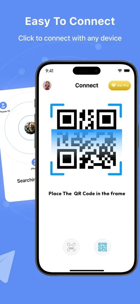 QR code scanner interface to connect and link devices for secure file sharing in Quick Share app