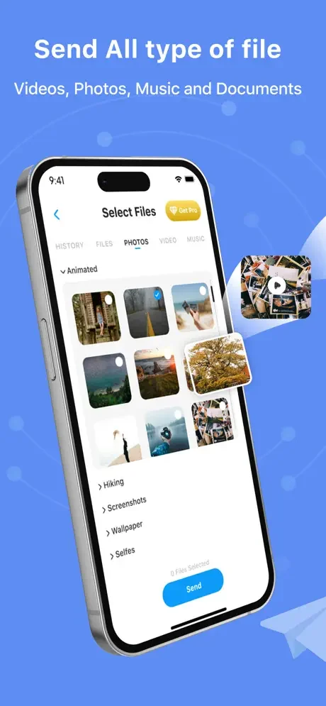 File selector displaying photos, videos, music and documents organized by categories ready to send