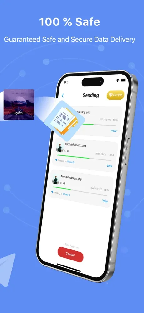 File transfer progress screen showing files being sent to device with status, timestamps and file sizes