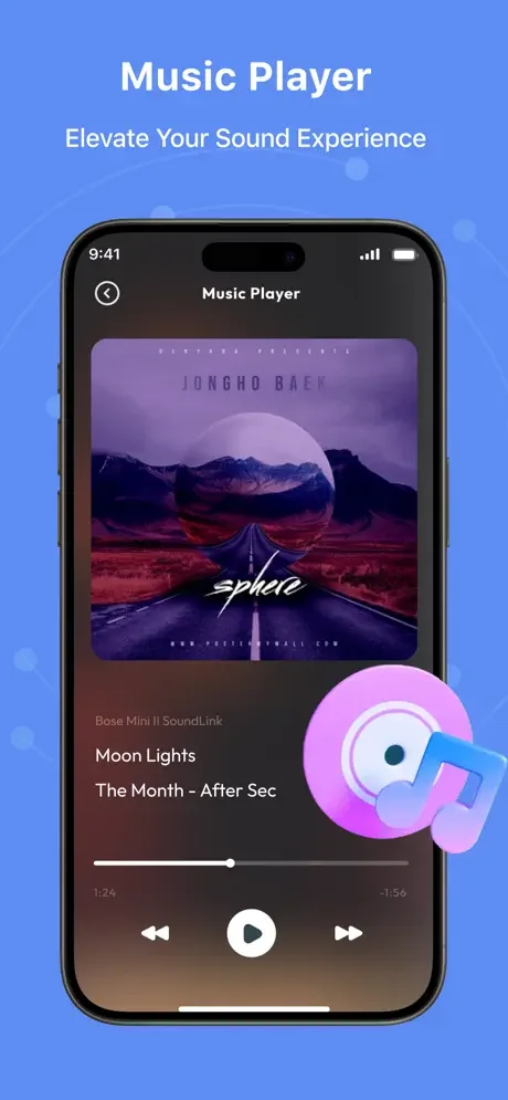 Music player interface displaying album artwork, song title and playback controls for audio streaming