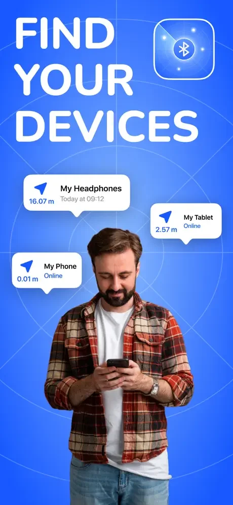 Find Air device tracker app showing multiple Bluetooth devices with distance in meters and online status indicators
