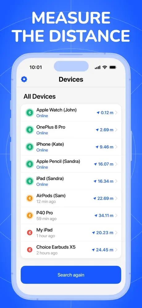 Find Air Bluetooth distance tracker showing device list with proximity measurements in meters for all tracked devices
