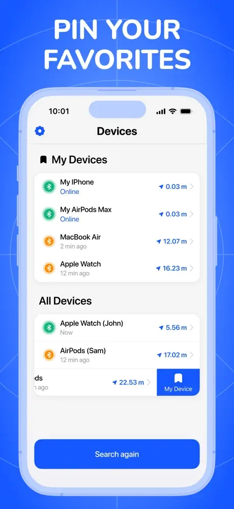 Find Air device tracker app with favorites feature pinning devices and distance measurements for all Bluetooth devices