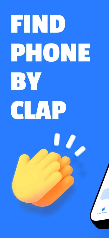 Find phone by clap detection app home screen featuring animated clapping hands icon on bright blue background