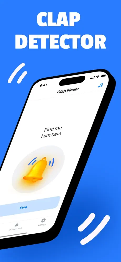 Clap Detector app interface showing phone responding to clap sounds with bell notification and alarm controls