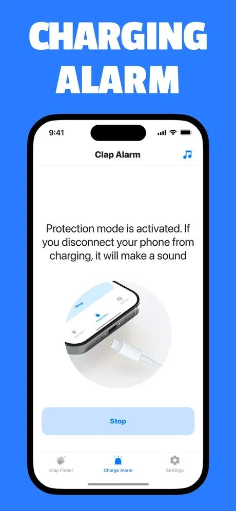 Charging Alarm protection mode active screen displaying disconnect alert notification with charging cable icon