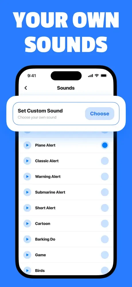 Custom sound settings page with options to choose alert tones like Plane, Classic, Warning, and animal sounds