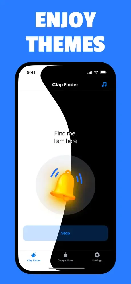 Clap Finder app theme selector displaying both light and dark mode interface options for device finder feature