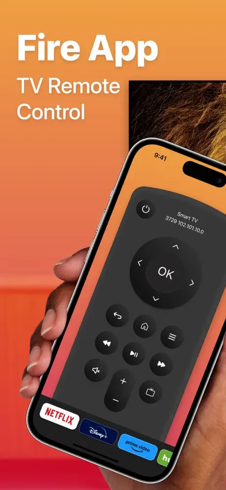 FireApp virtual remote showing power button, navigation dial, media controls, and quick app shortcuts for Netflix, Disney+, Prime Video