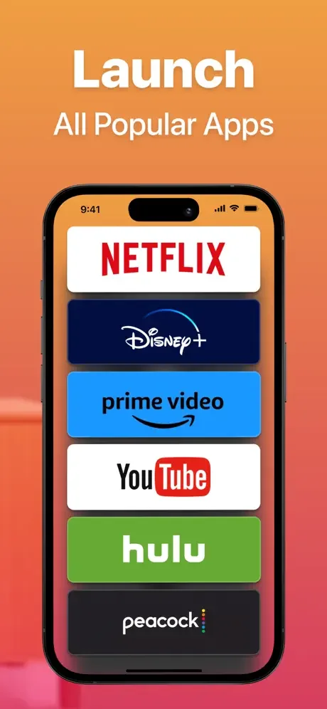 FireApp app launcher with quick access buttons for Netflix, Disney+, Prime Video, YouTube, Hulu, Peacock streaming services