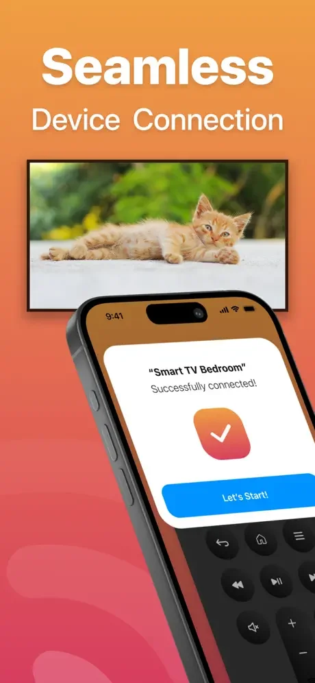 FireApp successfully connected to Smart TV Bedroom device with confirmation checkmark and Let's Start button
