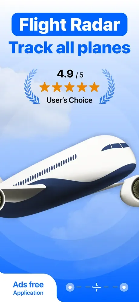 Flight Tracker app landing screen featuring Flight Radar plane tracking, 4.9-star User's Choice award, and ad-free application