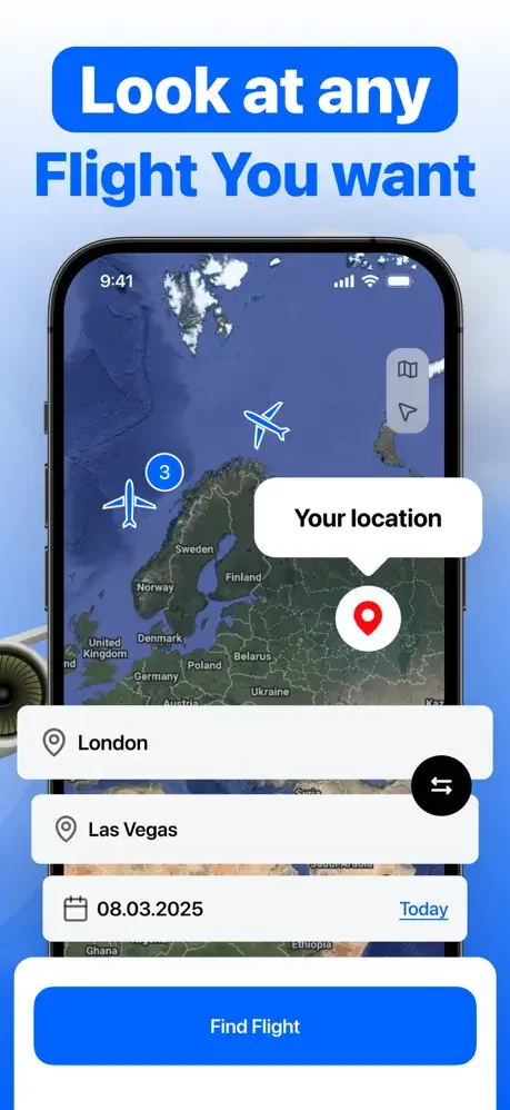 Flight booking search interface with interactive map display, location fields for London and Las Vegas, date picker, and Find Flight button