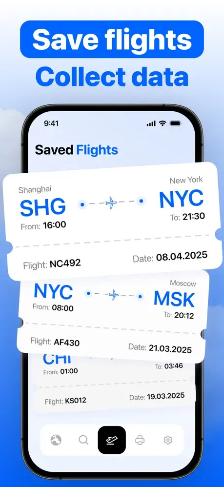 Saved Flights section displaying multiple booked flight itineraries with route details, departure and arrival times, flight numbers, and dates