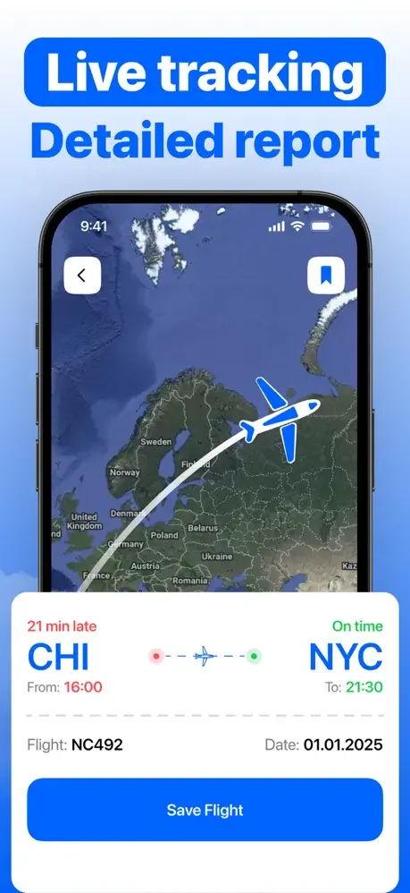 Live flight tracking map showing Chicago to New York route with real-time flight status, delay information, and flight details with Save option