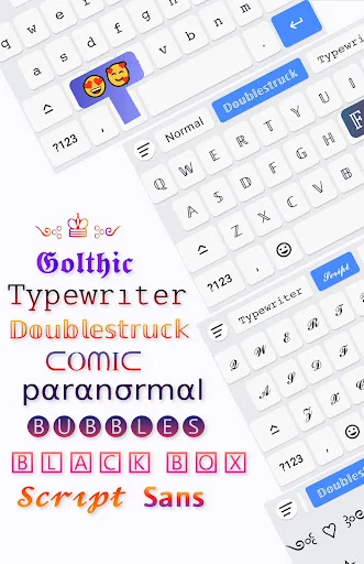 Fonts Aa keyboard interface displaying decorative font styles including Gothic, Typewriter, Comic, and Doublestruck fonts with emoji keys