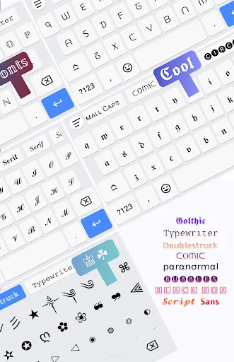 Stylish fonts keyboard showing multiple font style options and emoji symbols for personalized text decoration and messaging