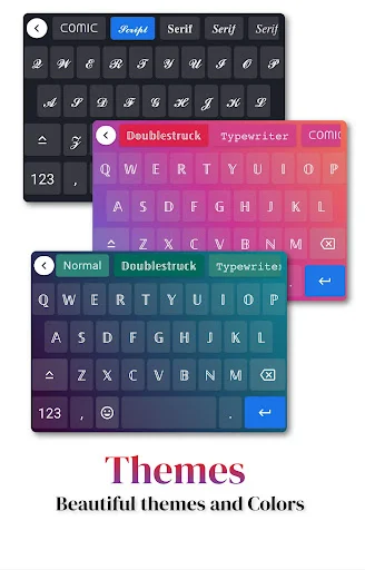 Themes screen with customizable keyboard color schemes and font variations for unique typing and text personalization