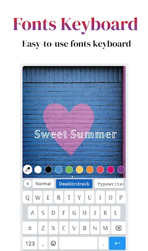Fonts keyboard preview showing Sweet Summer text example with color palette and selectable fonts like Doublestruck and Typewriter