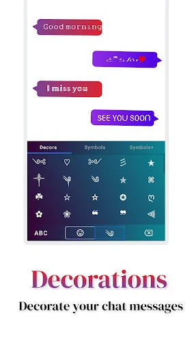 Decorations feature displaying emoji and symbol keyboard for adding decorative elements to chat messages and text