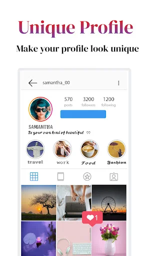 Unique Profile view showing customizable profile with stylish fonts, photo gallery, and personalized profile design options