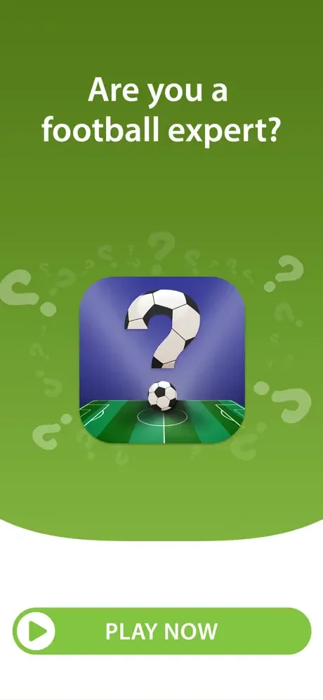Soccer Questions Quiz welcome screen with football expert prompt, soccer ball icon, and Play Now button