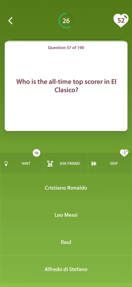 Quiz question 57 asking 'Who is the all-time top scorer in El Clasico' with multiple choice answers and hint, skip buttons
