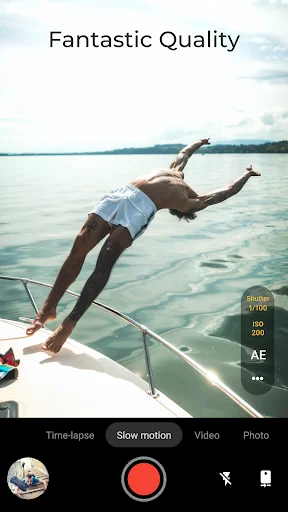 Footej Camera app interface displaying time-lapse, slow motion, video and photo modes with fantastic image quality and red record button