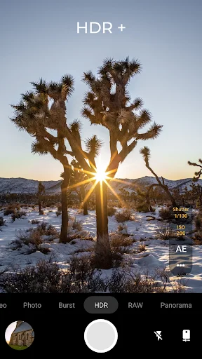 Footej Camera HDR+ mode showcasing professional sunset photography with burst, RAW, and panorama shooting mode options available