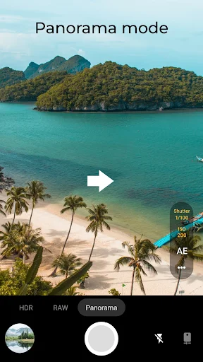 Footej Camera panorama mode interface with tropical island landscape capture featuring HDR, RAW, and panorama shooting controls
